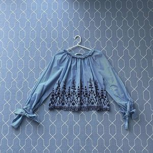 Zara Trafaluc Blue Striped Eyelet Embroidered Tie Sleeve Top Blouse Size M Boho